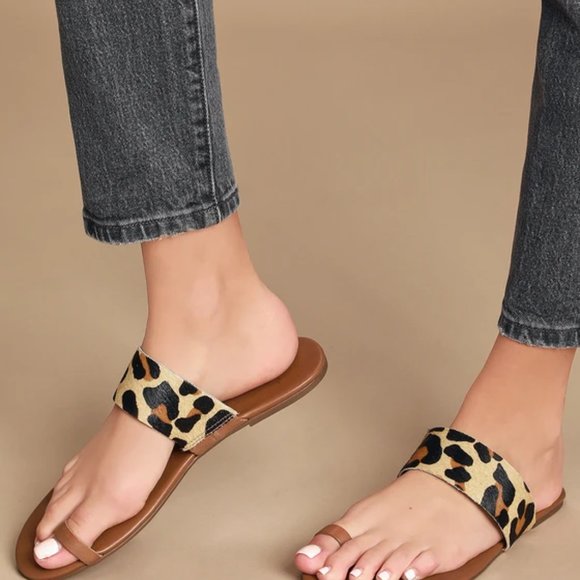 Lulus Tessa Leopard Calf Hair Toe Loop Sandals - Picture 3 of 4